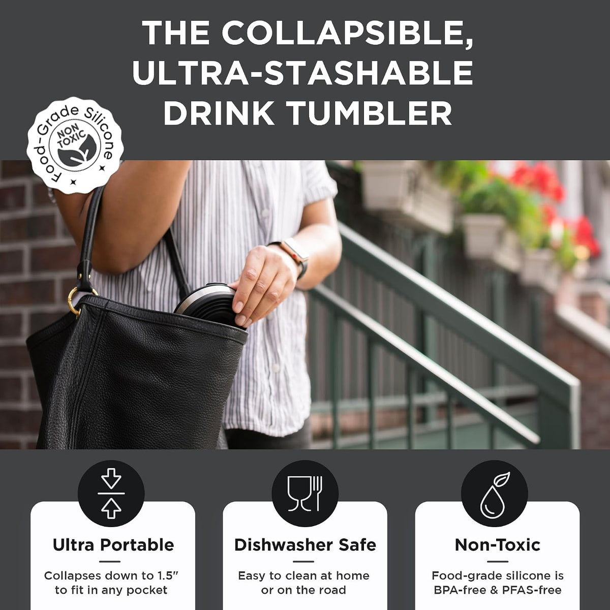 HYDAWAY Collapsible Insulated Tumbler 16oz, Reusable Coffee Cup with Straw