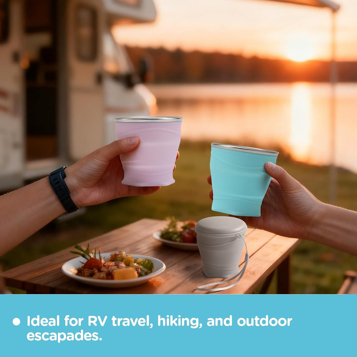8.8oz/260ml Collapsible Silicone Cup with Lid,BPA-Free,304 Stainless Steel Rim,Portable Cup for Travel,Camping, Hiking,Outdoor Sports (Light Purple)