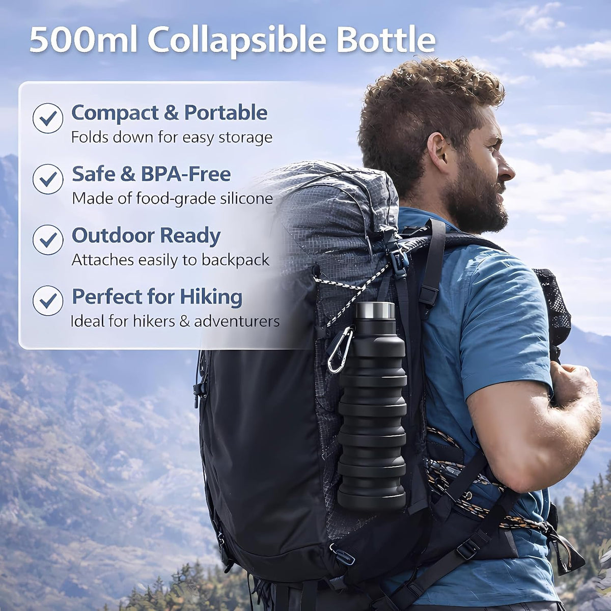 Collapsible Water Bottles,Silicone Water Bottle,16oz Capacity Portable Reusable,Leak-proof,with buckle,foldable storage,Lightweight Durable for Fitness,Cycling,Sports,Camping,Hiking (Black)