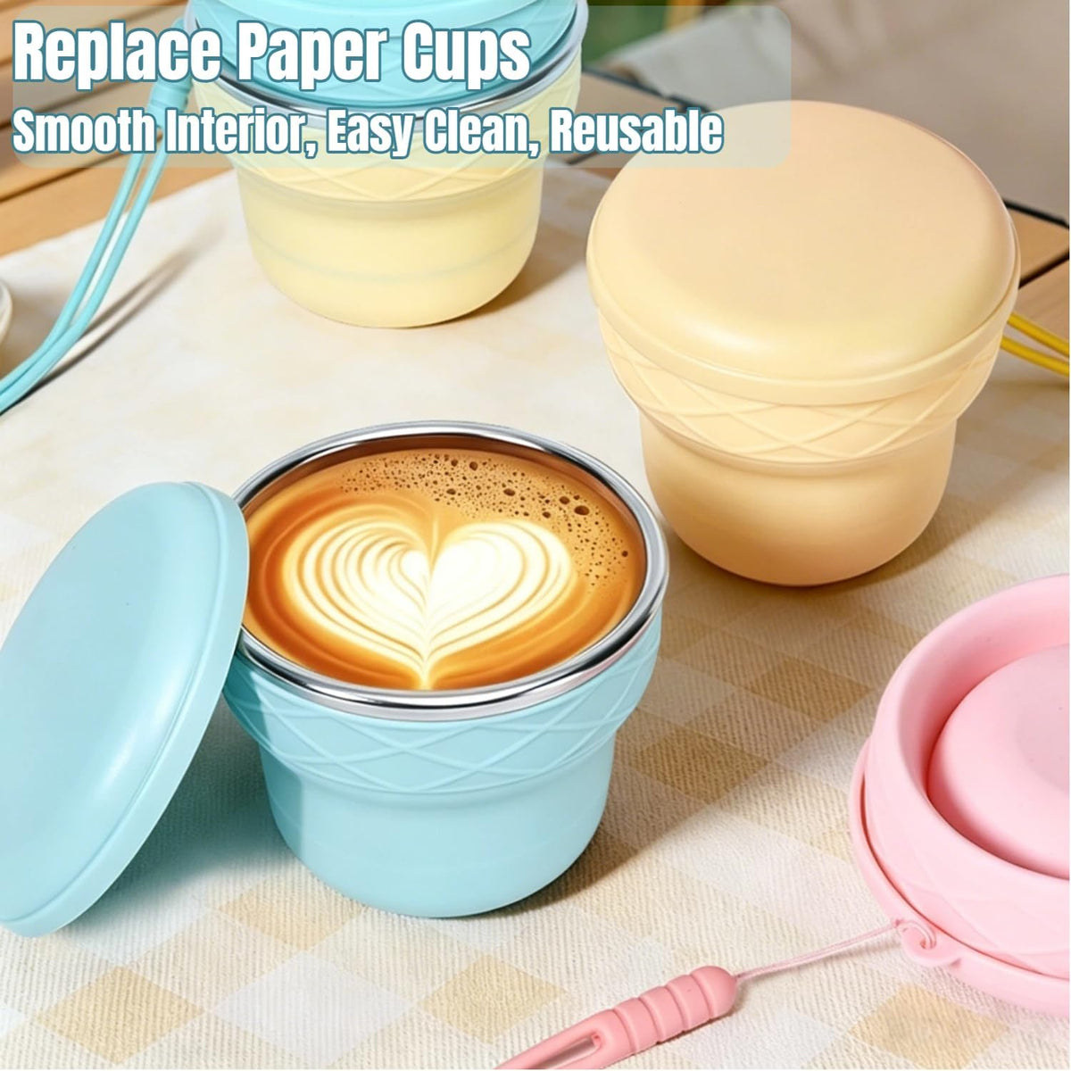 Collapsible Travel Cup 7oz Silicone Foldable Water Cup, Cute Ice Cream Cone Shape, Macaron Colors, BPA-Free with Lid - Portable Drinking Cup for Camping, Hiking & Outdoor Travel (Blue)