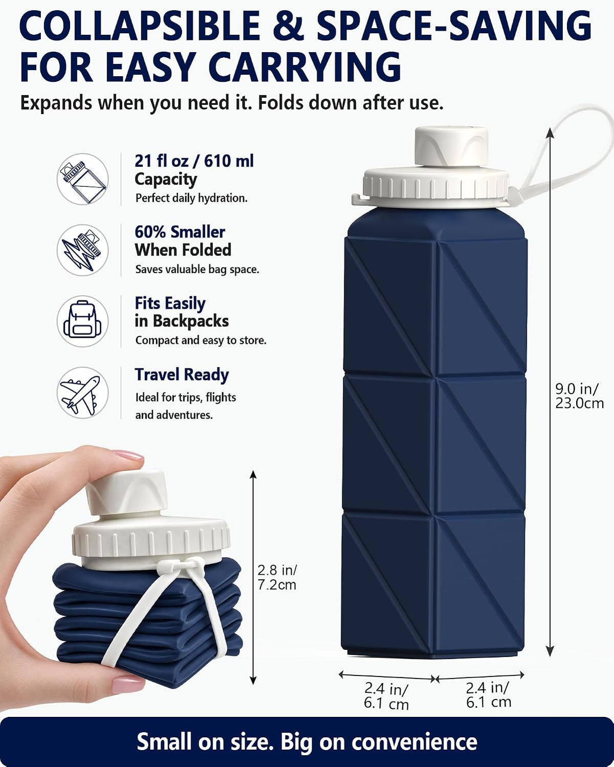 BEAUTAIL Collapsible Water Bottles 21oz/610mL, Silicone Travel Water Bottle