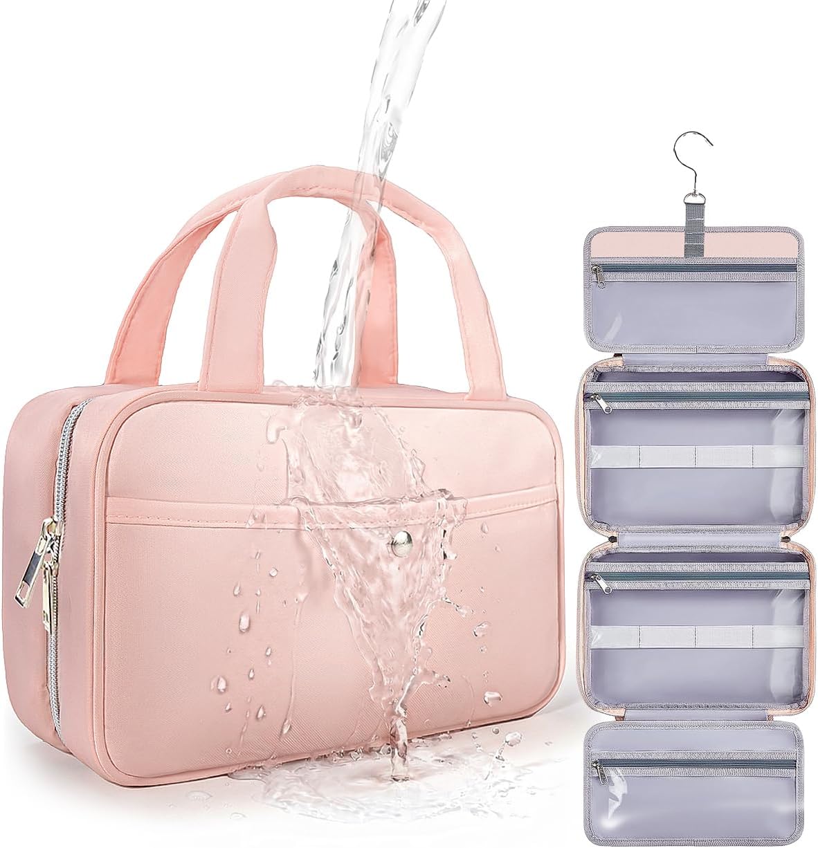 Travel Hanging Toiletry Bag for Women - Waterproof Cosmetic Organizer with Clear Window, Lightweight Bathroom Bags for Essentials, Makeup, Shampoo, Toiletries Pink, Medium