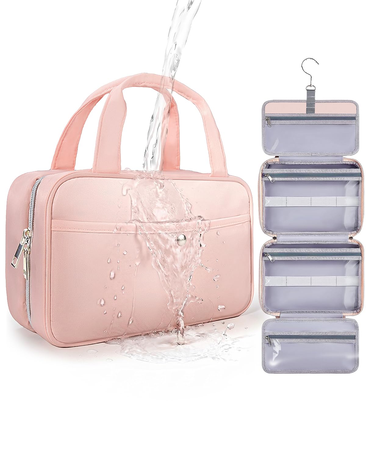 Travel Hanging Toiletry Bag for Women - Waterproof Cosmetic Organizer with Clear Window, Lightweight Bathroom Bags for Essentials, Makeup, Shampoo, Toiletries Pink, Medium
