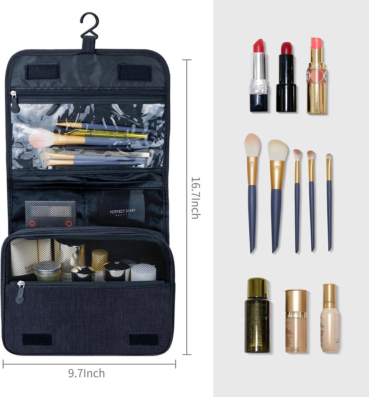 Lcsmaokin Large Capacity Toiletry Bag Travel Bag with Hanging Hook for Men and Women Waterproof Travel Cosmetic Bag Bathroom Storage Bag for Brushes Set,Full-Sized Shampoo,Toiletries,Accessories-Black