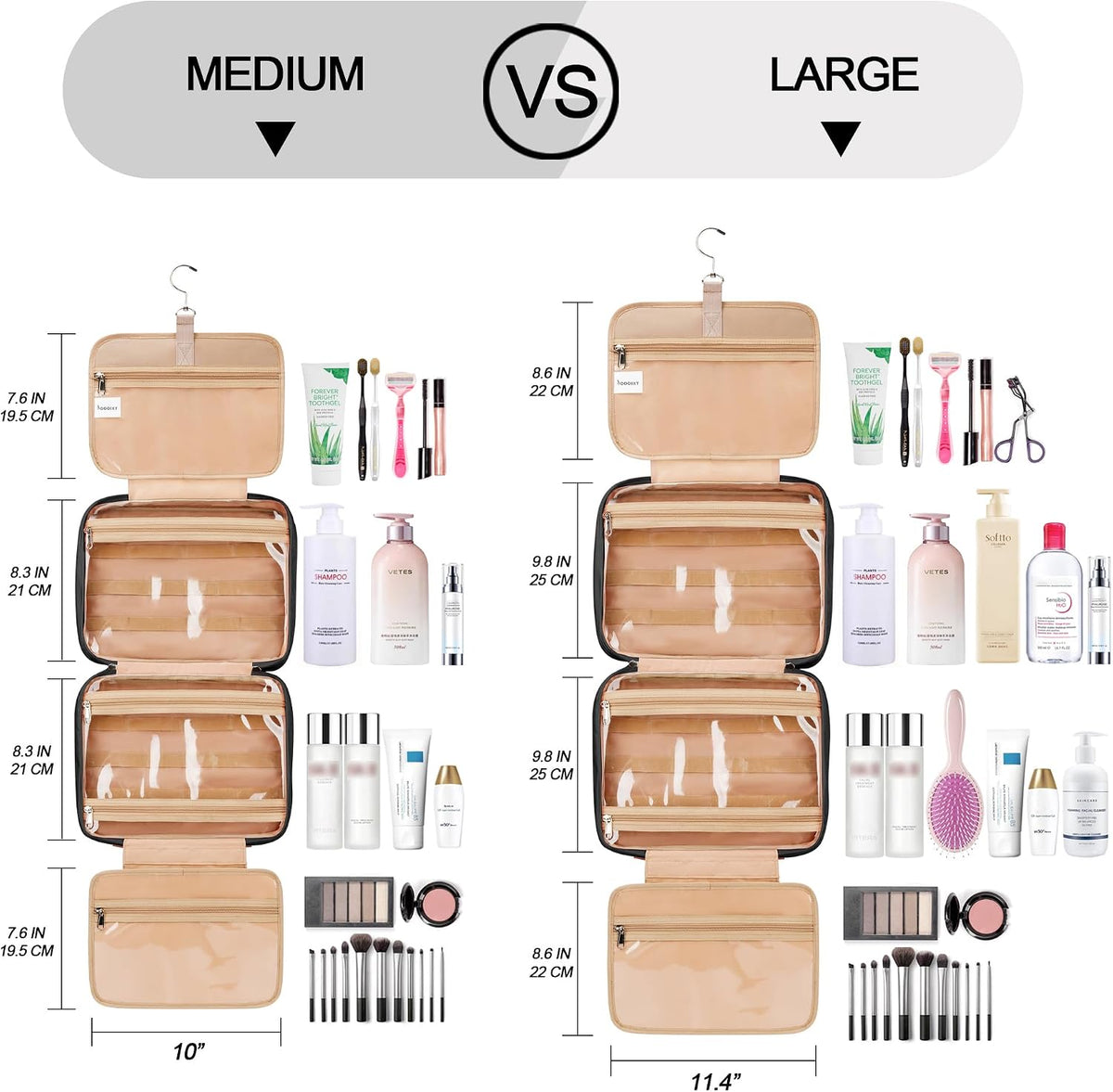 COOSKY Travel Hanging Toiletry Bag for Women, Holds Full-Size Shampoo, with Jewelry Organizer Compartment, Extra Large Makeup Bag, Waterproof Cosmetic Bag, Toiletries Kit Set with Trolley Belt, Black