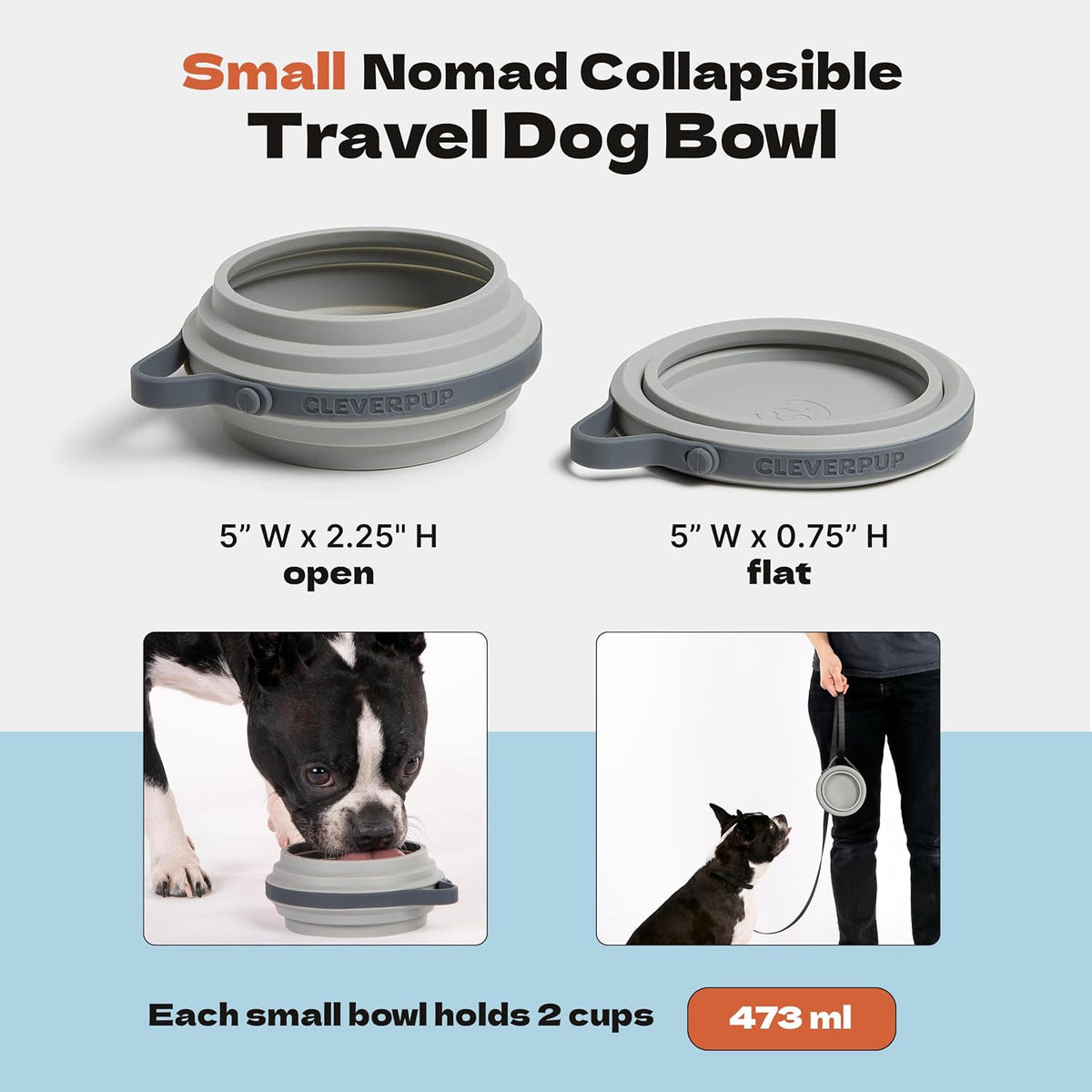 Cleverpup Nomad Small Collapsible Travel Dog Bowl - 2 Cup, Grey Silicone