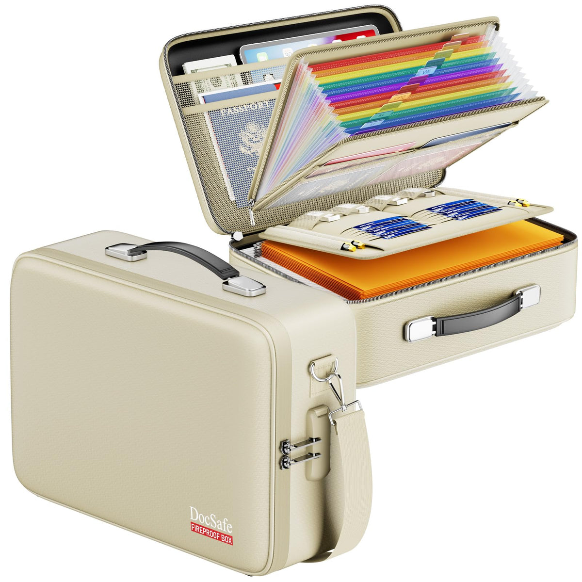 DocSafe Fireproof File Organizer with Lock, Hard-Shell Case Fireproof Document Box with 13 Pocket Accordion File Folder, Portable Home Office Travel Safe Storage for Important Documents Laptop Beige