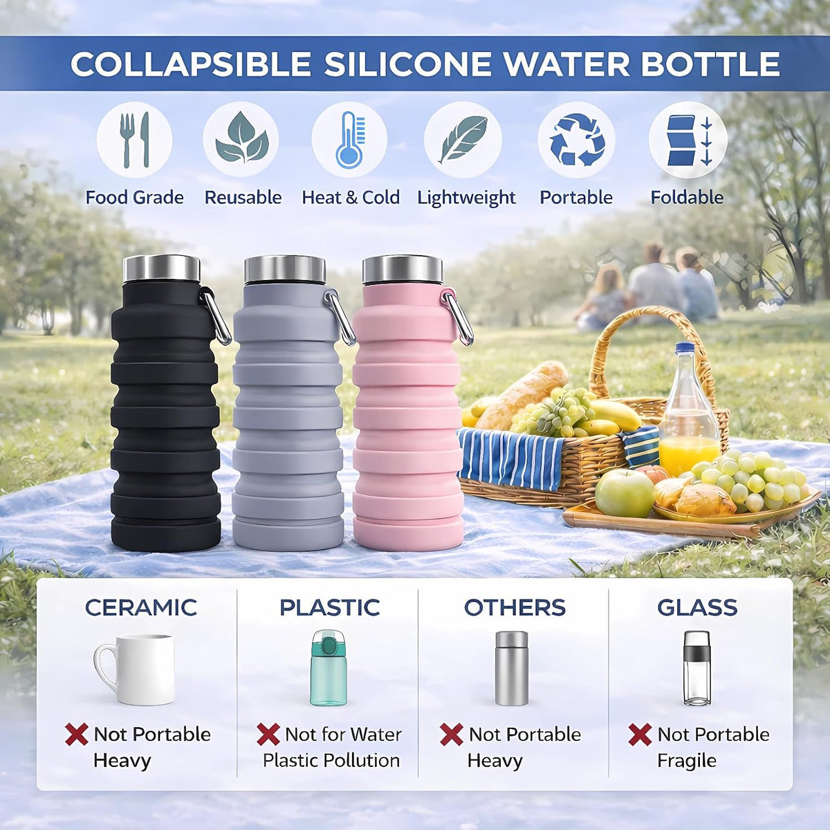 Collapsible Water Bottles,Silicone Water Bottle,16oz Capacity Portable Reusable,Leak-proof,with buckle,foldable storage,Lightweight Durable for Fitness,Cycling,Sports,Camping,Hiking (Black)