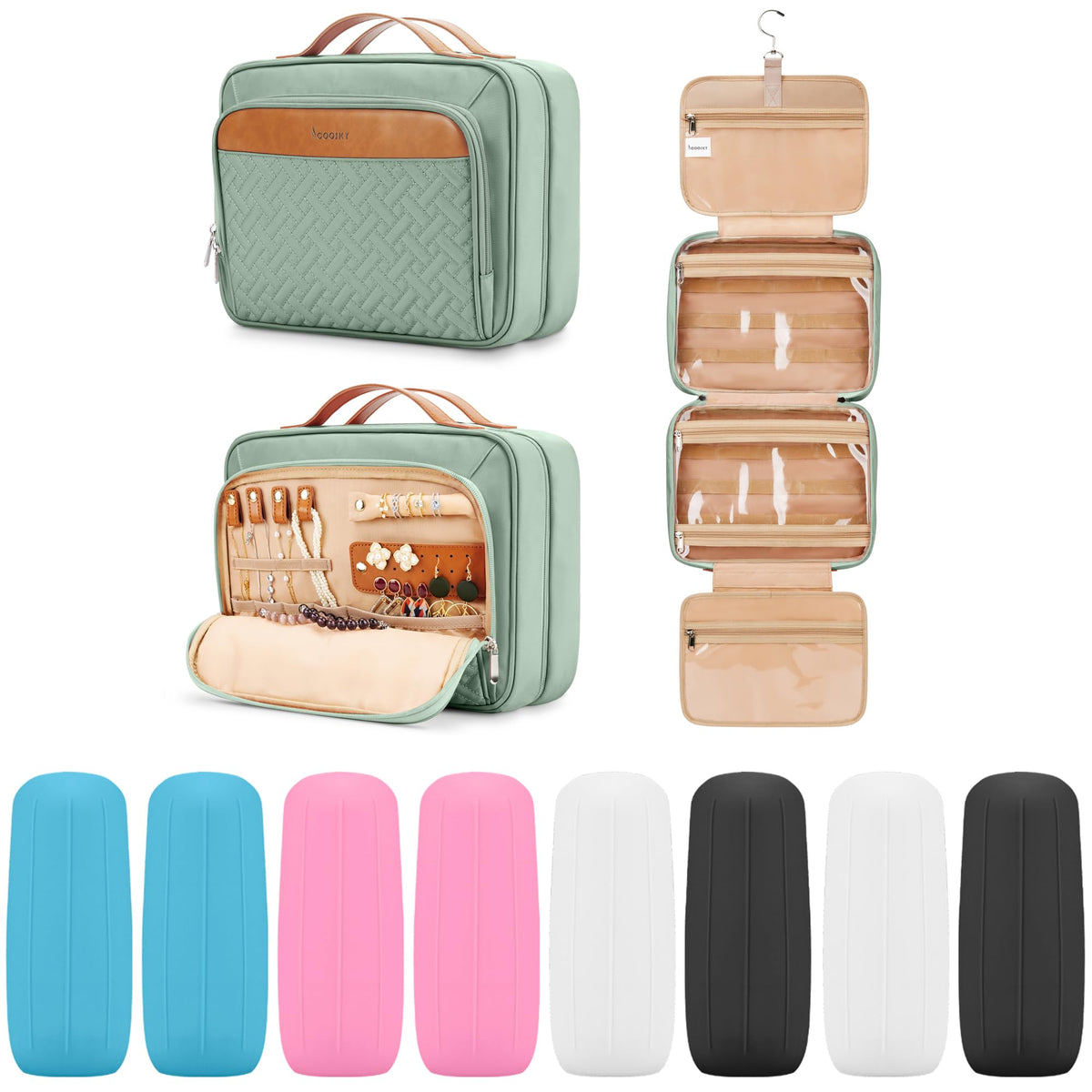 COOSKY Travel Hanging Toiletry Bag for Women, Cruise Ship Essentials, with Jewelry Organizer, Extra Large Makeup Dopp Kit, Waterproof Cosmetic Bags, Toiletries Kit Set with Trolley Belt, Green