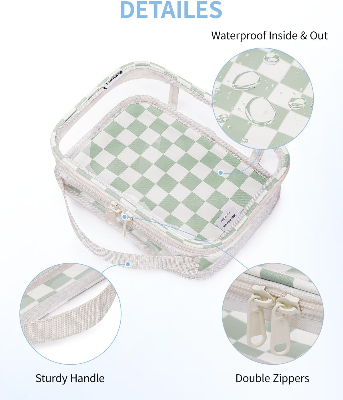 Narwey TSA Approved Toiletry Bag Carry on Clear Toiletry Bag Makeup Bag, Airport Airline Quart Size Travel Bags, Waterproof Portable Compact Cosmetic Make up Organizer Bag (Mint Green Checkerboard)