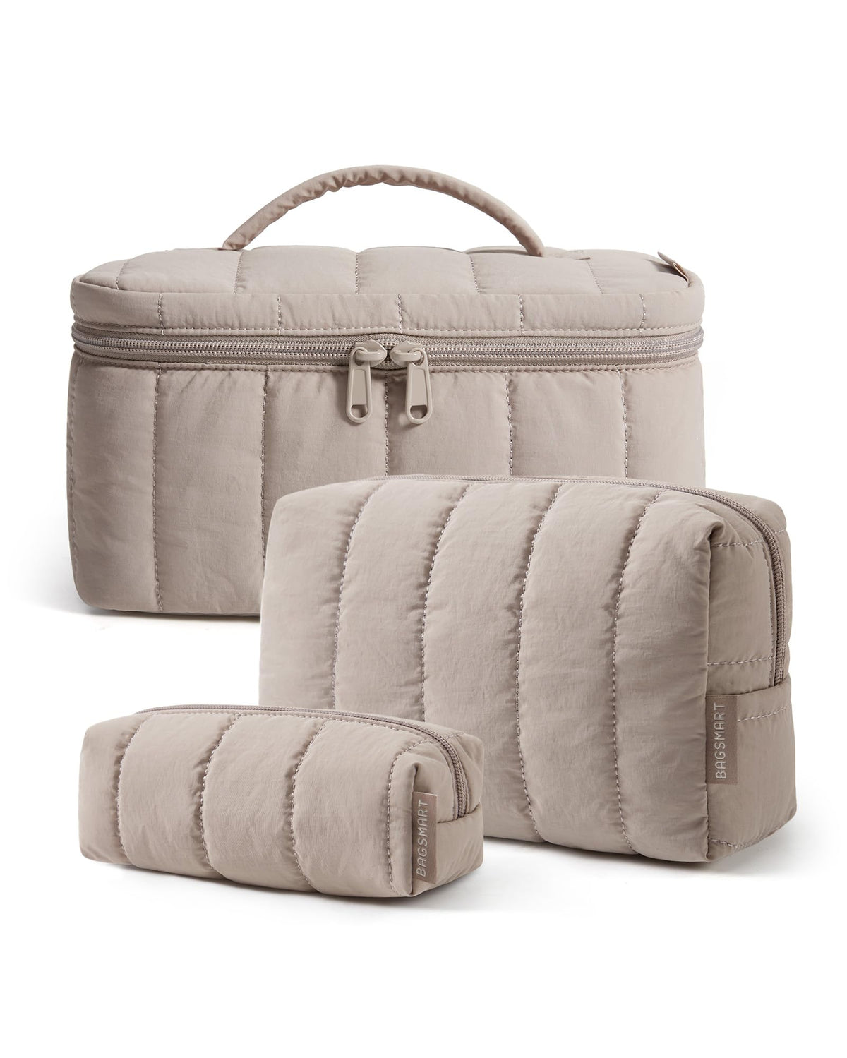 BAGSMART Travel Makeup Bag Set, 3 Pc Puffy Cosmetic Pouch, Camel