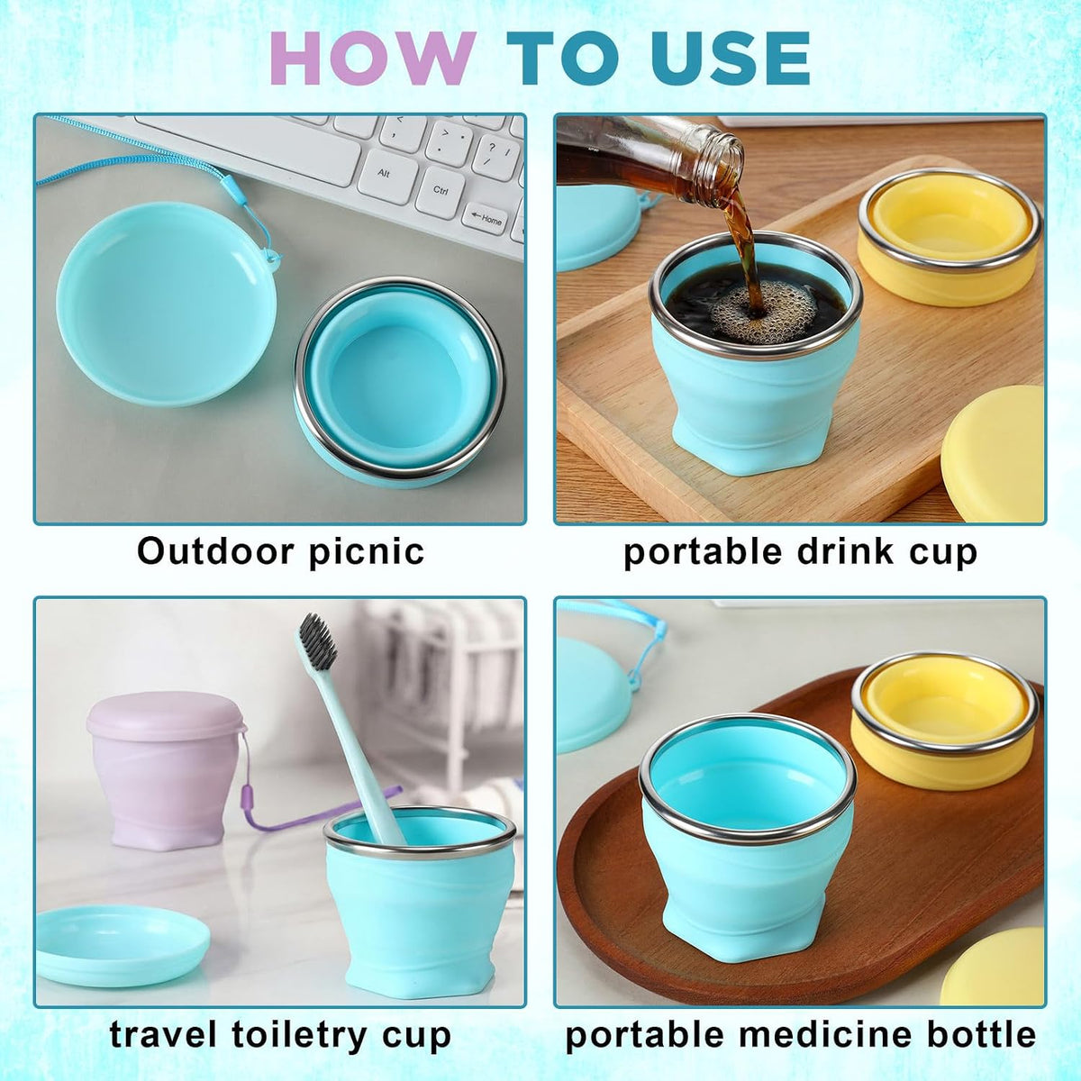 Zhehao 3 Pack Collapsible Travel Cups 6oz Silicone Foldable with Lids