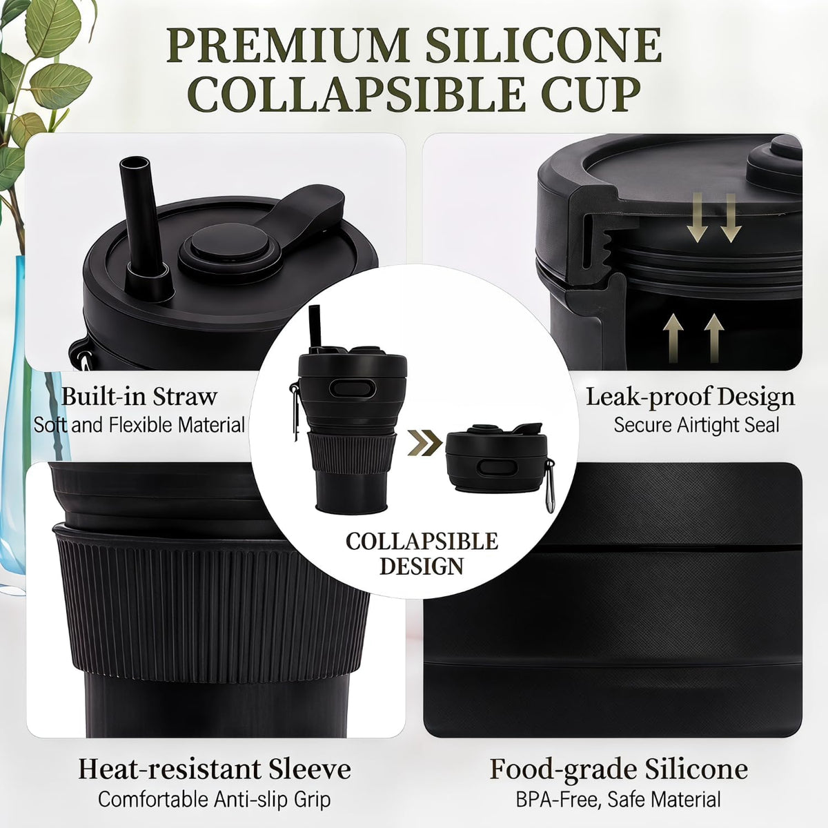 Silicone Coffee Mug Collapsible Cups for Camping Folding Travel with Straw Reusable Portable Drinking Cups Outdoor Hiking 450ml (Purple-450ml, 1)