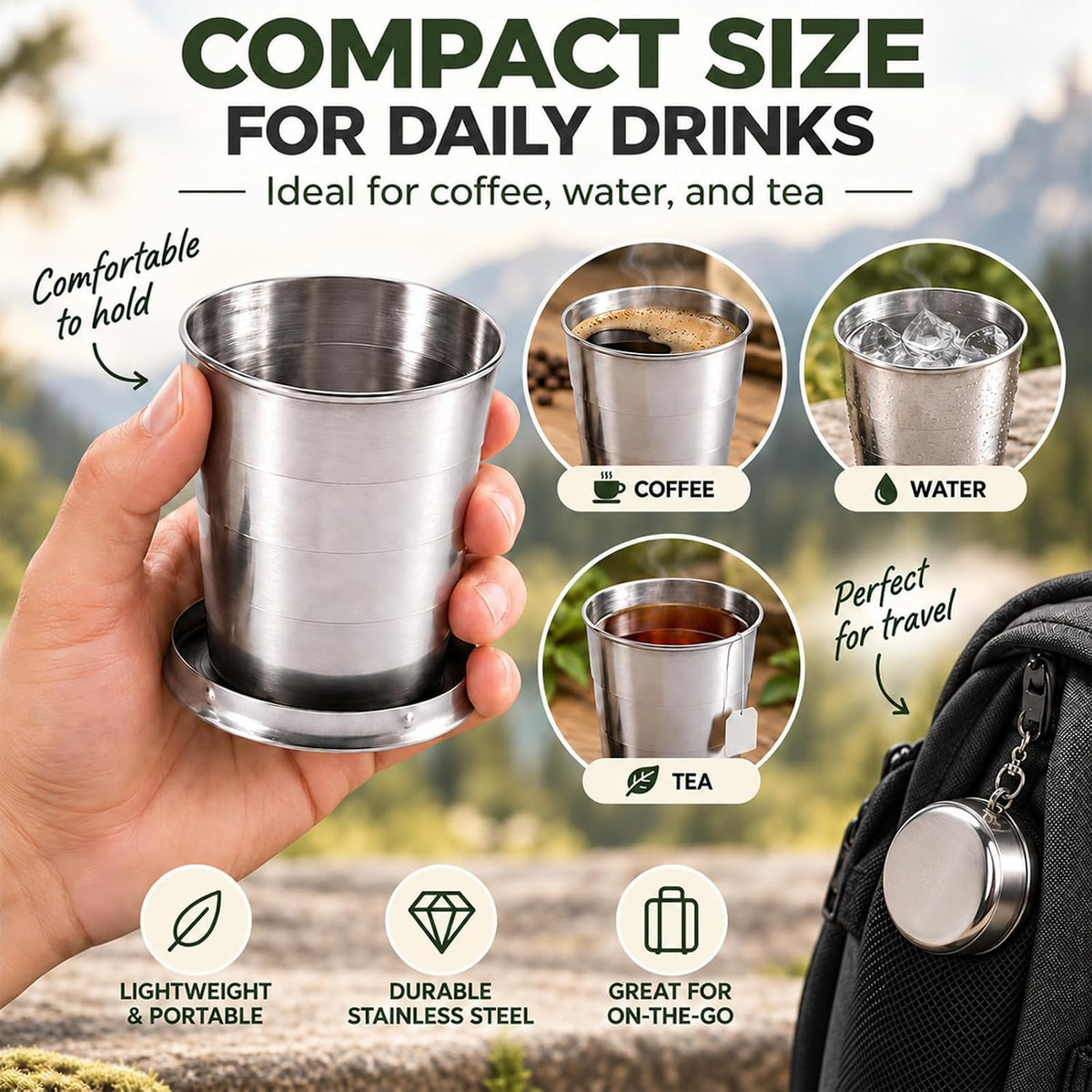 Guyuyii 3 Pcs Stainless Steel Collapsible Cups for Traveling with Keychains