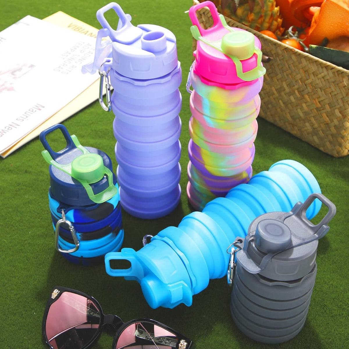 CHENGU 5 Pcs Collapsible Water Bottles for Travel 16 oz Silicone, Colorful