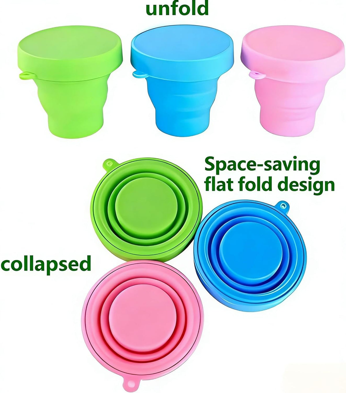 Folding Silicone Cup Set, 3-Pack Travel Camping Cups with Lid