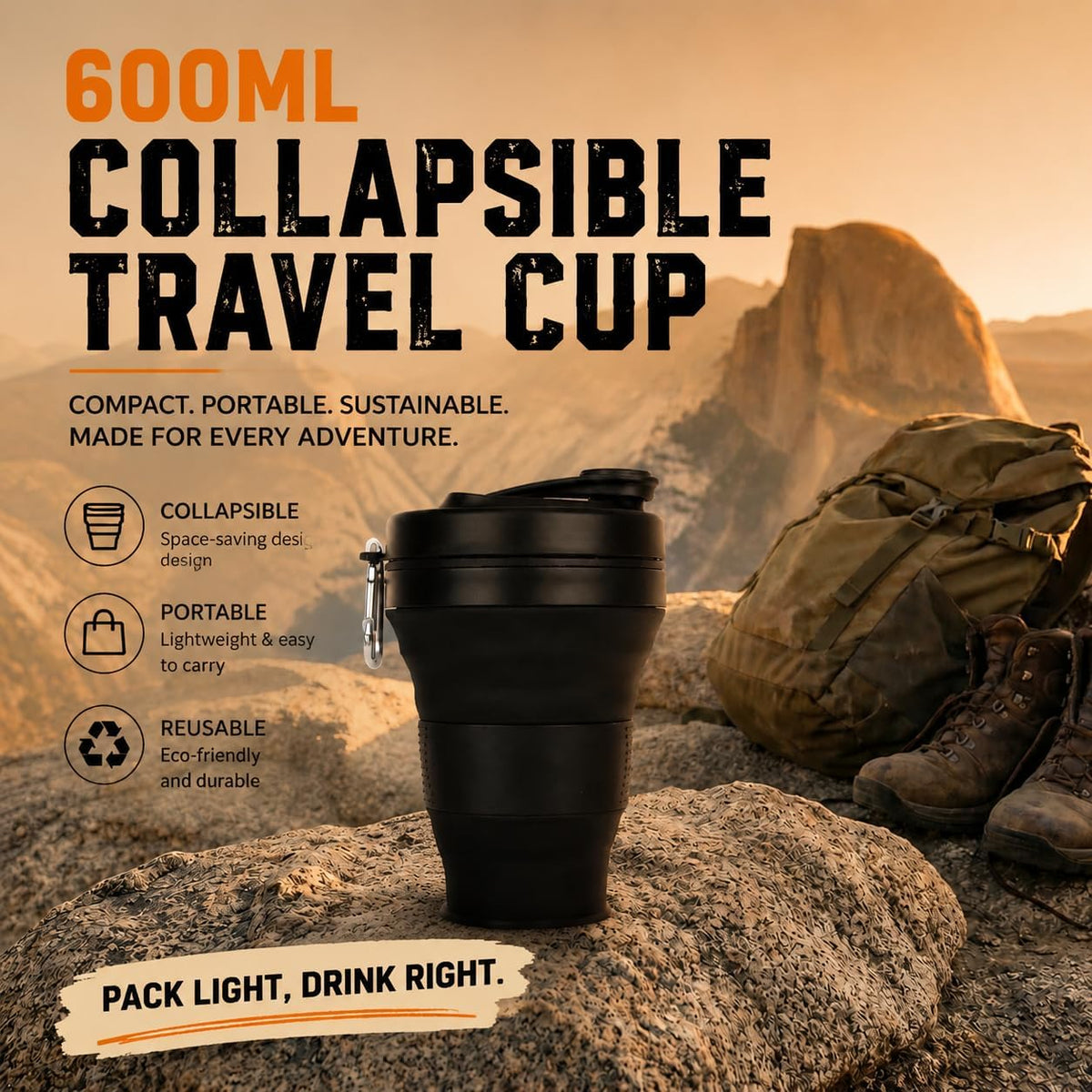 Silicone Coffee Cup with Straw lid Collapsible Cups for Traveling 20oz Lightweight Folding Water Mug for Picnic Hicking Camping Climbing (Black)