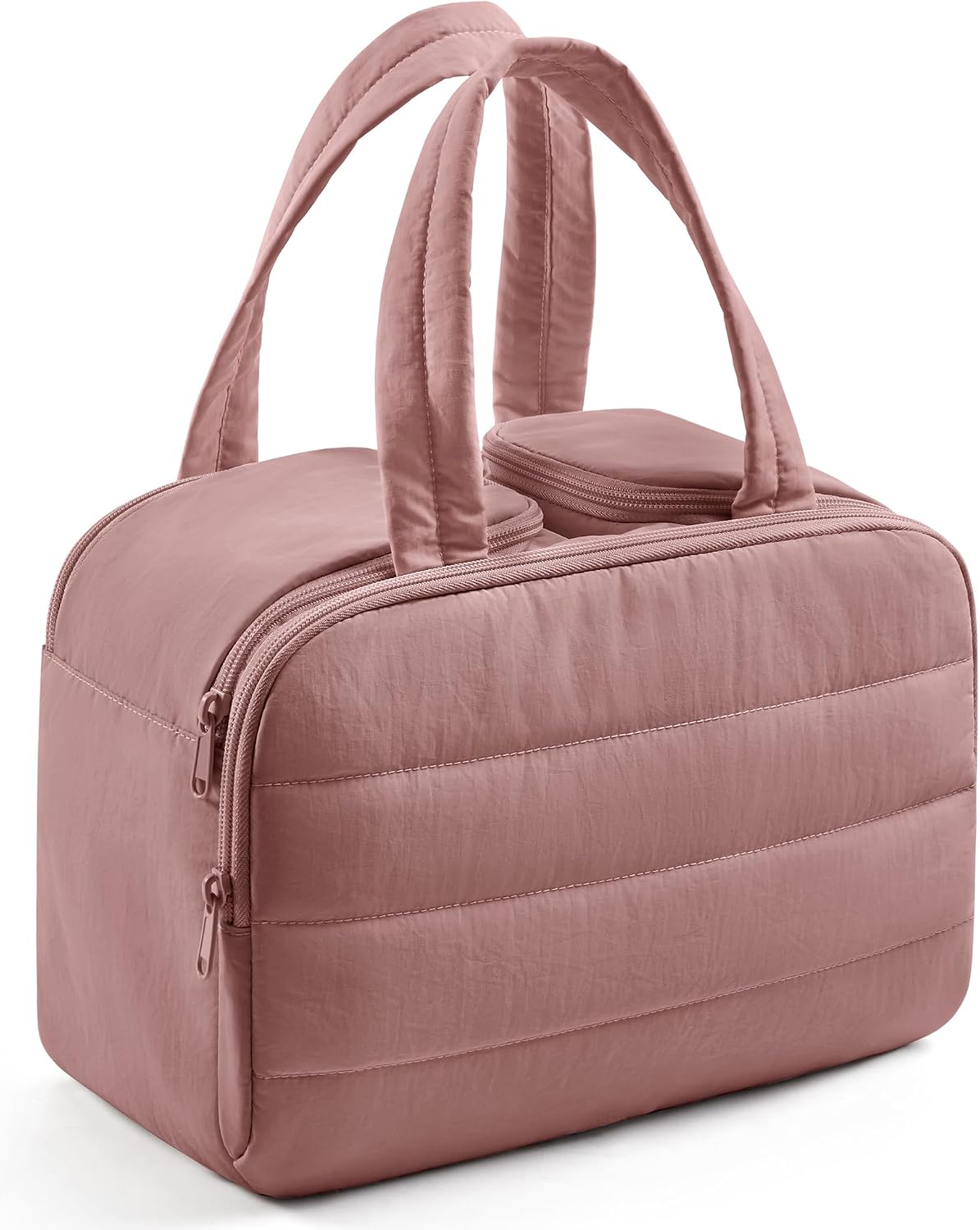 LIGHT FLIGHT Travel Toiletry Bag, Quilted Travel Makeup Cosmetic Bag Organizer, Toiletry Bags for Traveling Women, Make up Bag with Handle, Dark Pink