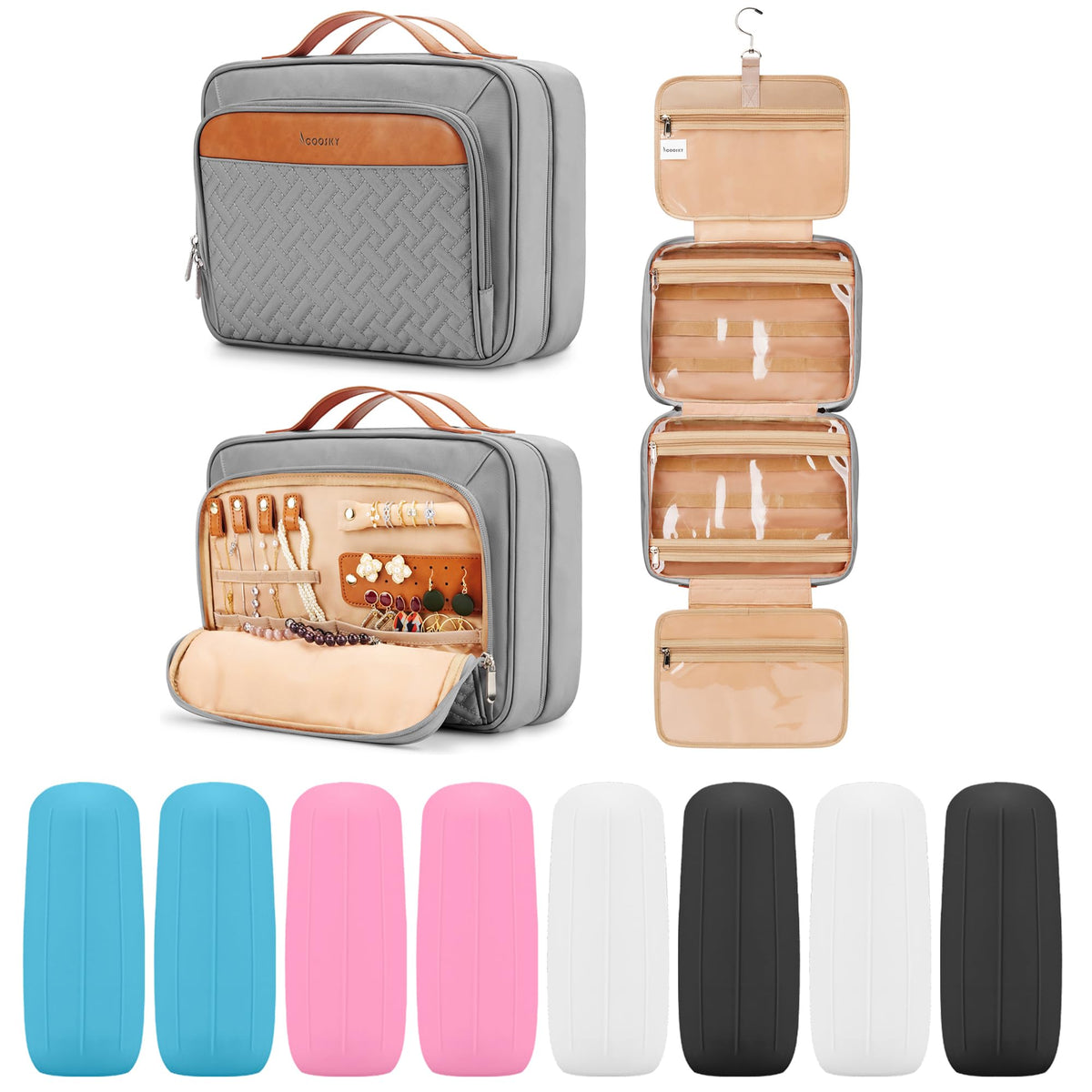 COOSKY Travel Hanging Toiletry Bag for Women, Holds Full-Size Shampoo, with Jewelry Organizer Compartment, Extra Large Makeup Bag, Waterproof Cosmetic Bag, Toiletries Kit Set with Trolley Belt, Black