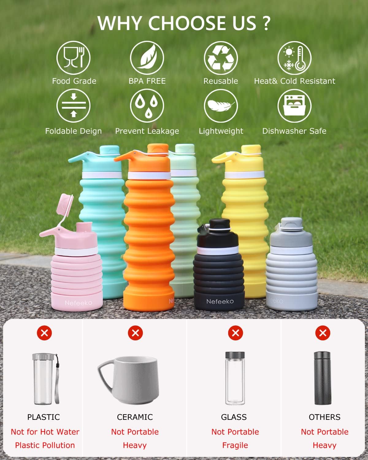 Nefeeko Collapsible Water Bottle, 26oz Silicone Foldable Water Bottles