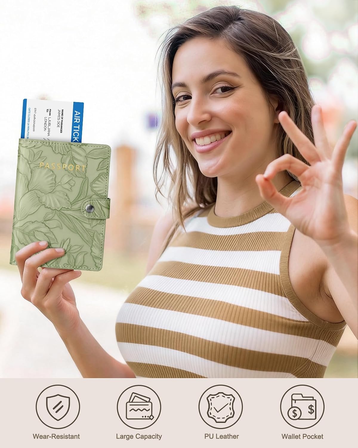 Slohif Elegant RFID Passport Holder for Travel with AirTag Sage Green