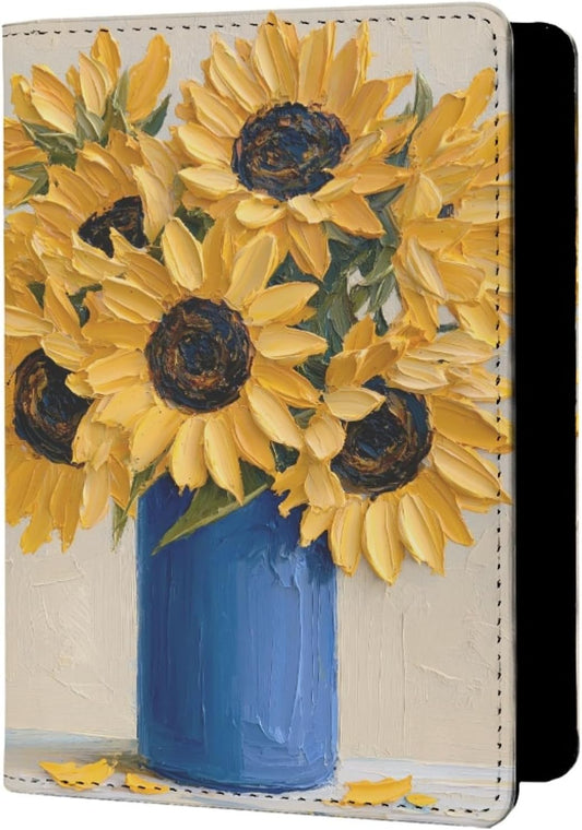 Oil Painting Floral Passport Holder for Travel Leather Womens Sunflower Passport Cover with Credit Card Slots Yellow Red Brown Onesize