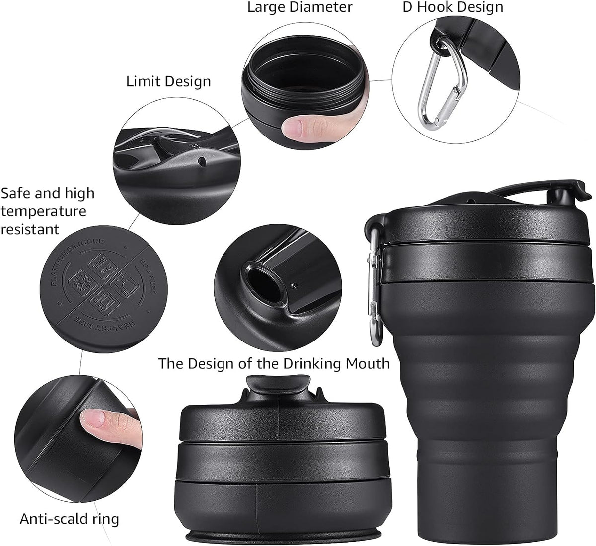 Collapsible Coffee Cup, 20 OZ 600ml Silicone Travel Folding Cup, Leak Proof BPA Free Portable Cup, Travel mug with Lids for Camping hiking