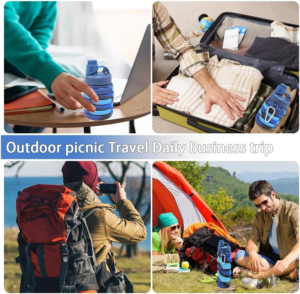 Silicone Collapsible Water Bottles, 16oz(500ml) Portable Foldable Expandable Water Bottle Sports Cups, Leak Proof Reusable BPA Free, for Outdoor Activities (Blue-A)