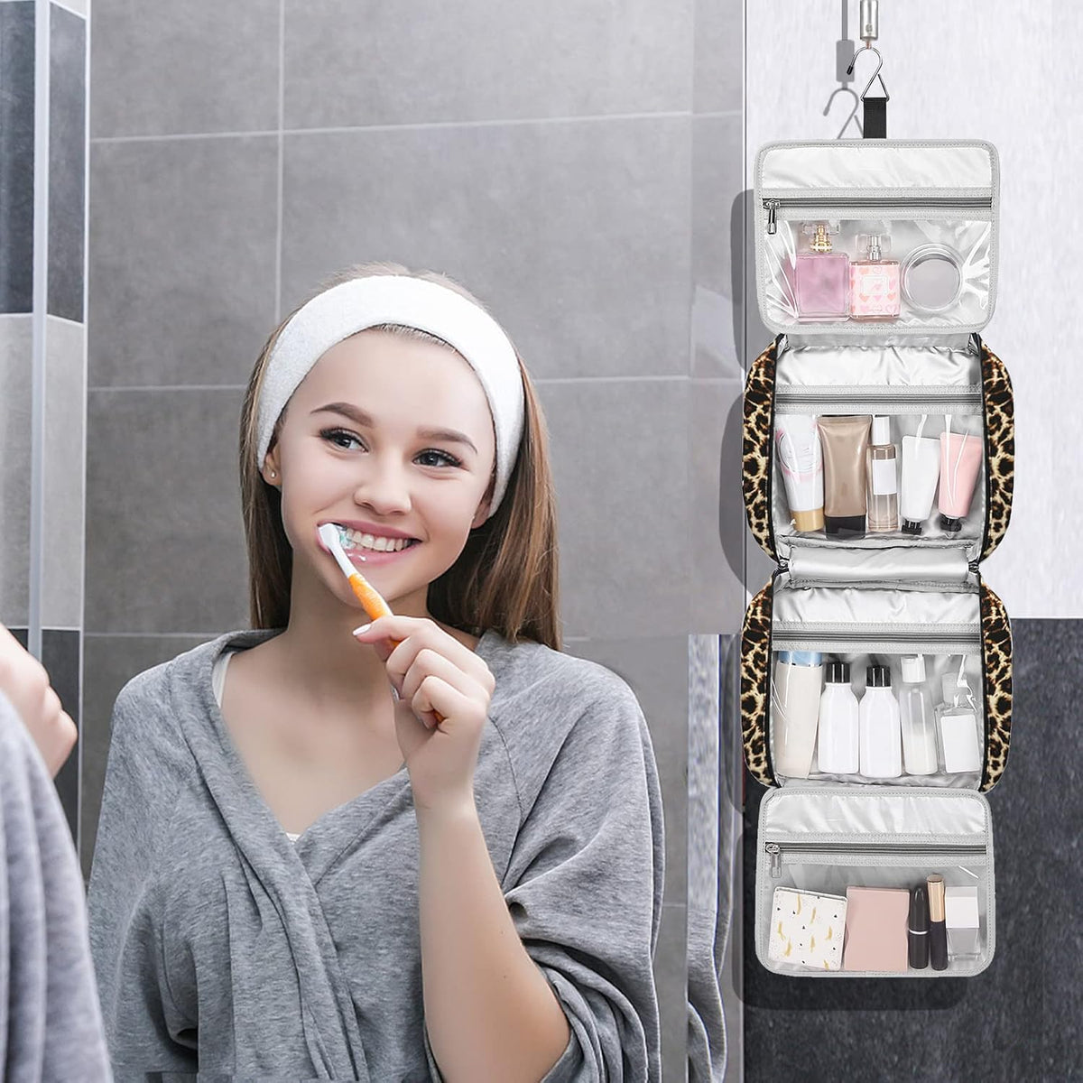 Bosidu Hanging Travel Toiletry Bag,Large Capacity Cosmetic Travel Toiletry Organizer for Women with 4 Compartments & 1 Sturdy Hook,Perfect for Travel/Daily Use/Christmas