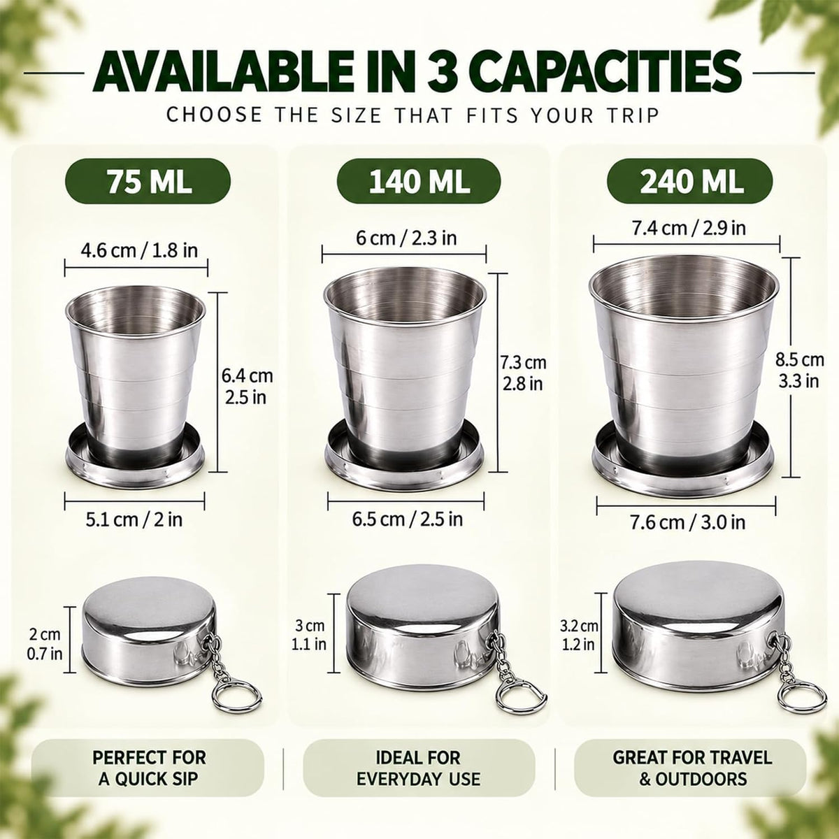 Guyuyii 3 Pcs Stainless Steel Collapsible Cups for Traveling with Keychains