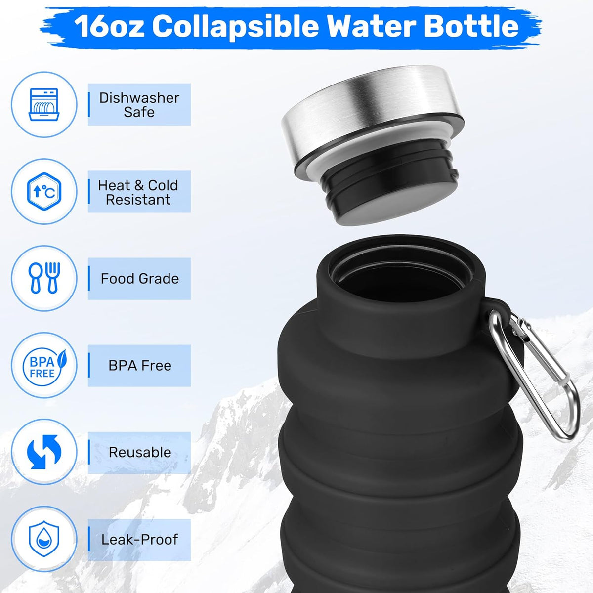 Collapsible Water Bottle, 16oz Portable Reusable Silicone Water Bottle with Carabiner for Gym, Travel, Camping, Hiking, Sports, Lightweight, BPA-Free, Leak-Proof, Foldable Design, Black