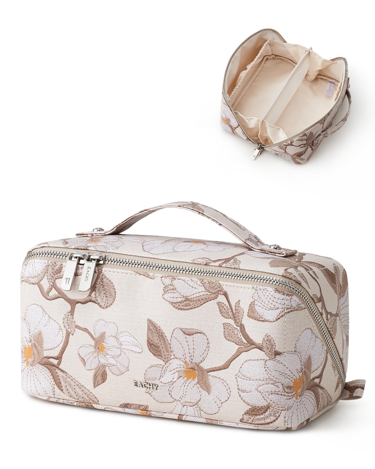 EACHY Travel Makeup Bag, Floral Cosmetic Bag for Women, Beige, Medium