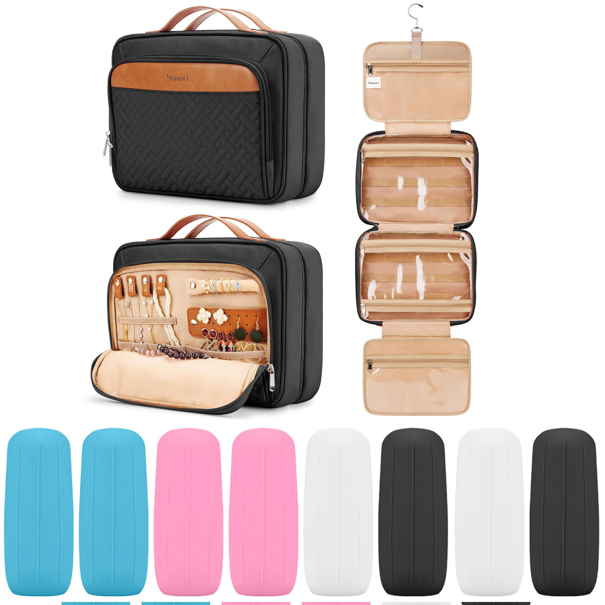 COOSKY Travel Hanging Toiletry Bag for Women, Cruise Ship Essentials, with Jewelry Organizer, Extra Large Makeup Dopp Kit, Waterproof Cosmetic Bags, Toiletries Kit Set with Trolley Belt, Green