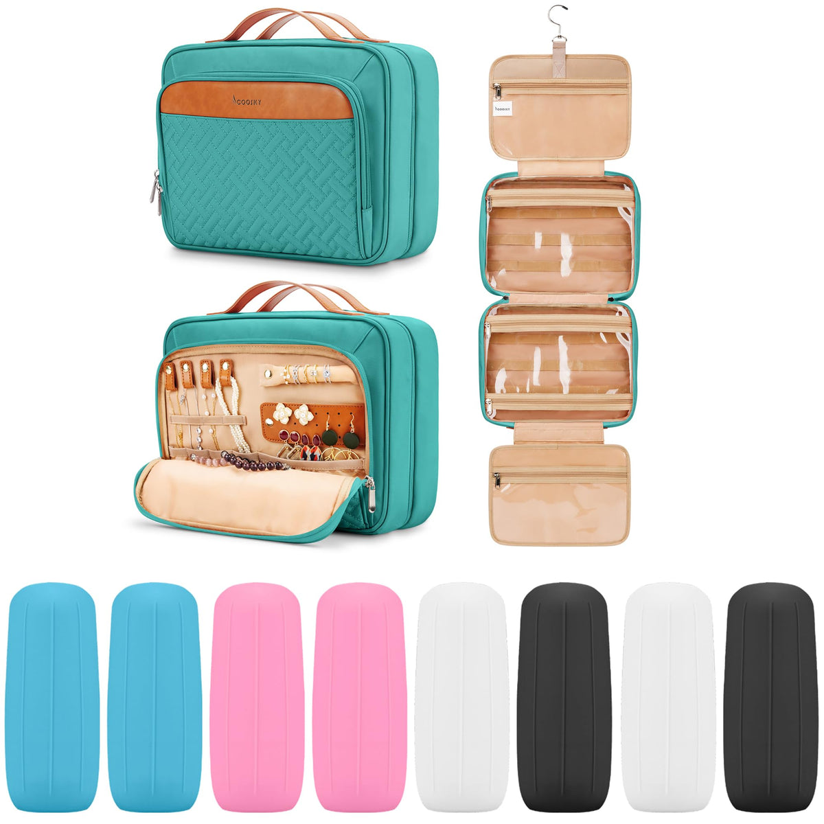 COOSKY Travel Hanging Toiletry Bag for Women, Cruise Ship Essentials, with Jewelry Organizer, Extra Large Makeup Dopp Kit, Waterproof Cosmetic Bags, Toiletries Kit Set with Trolley Belt, Green