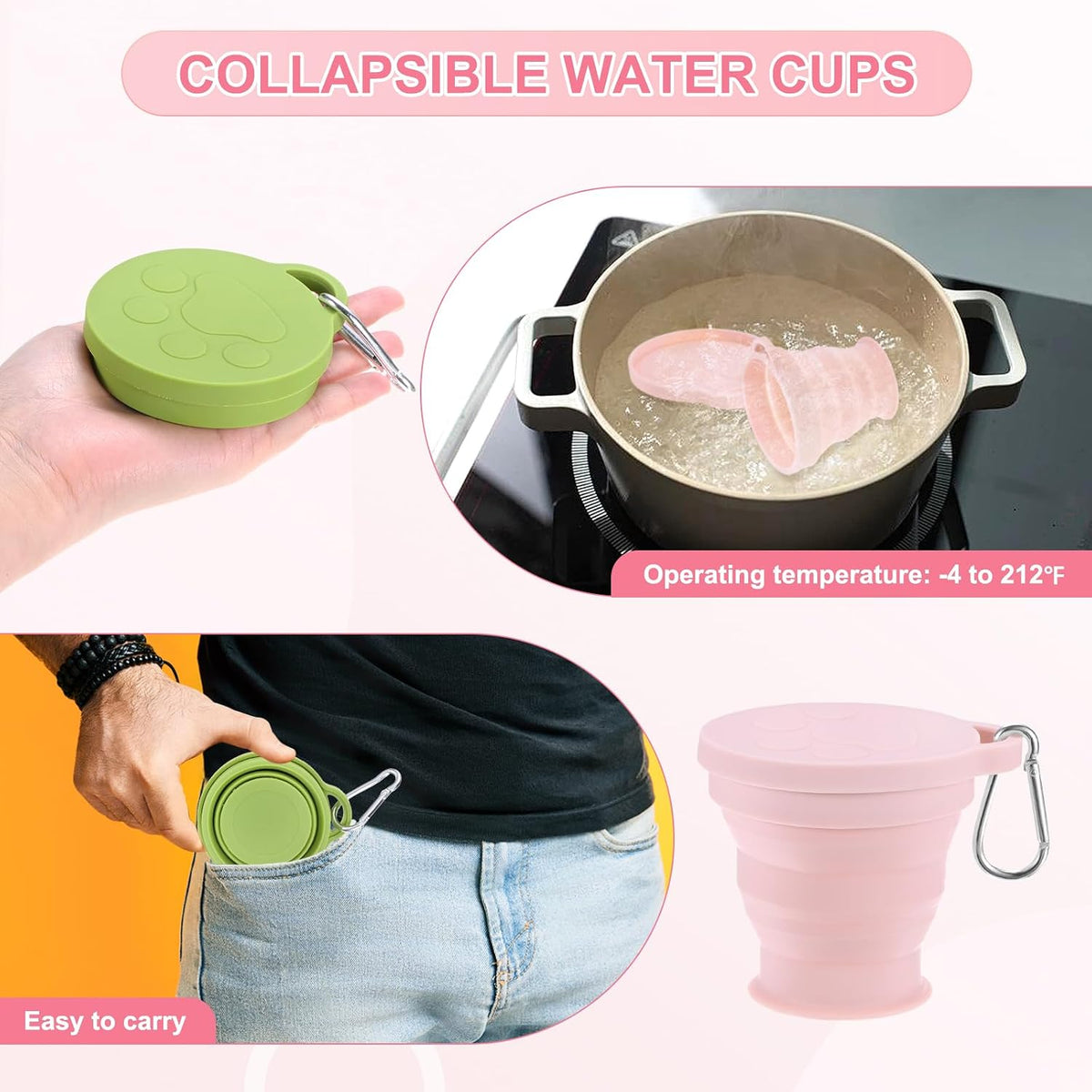 M METERXITY 2 Pack Collapsible Travel Cup, 6oz(180ml) Silicone Cat Paw Portable Foldable Water Cup Bottle with Spring Buckle for Travel/Camping/Hiking, Reusable [Dark Gray]