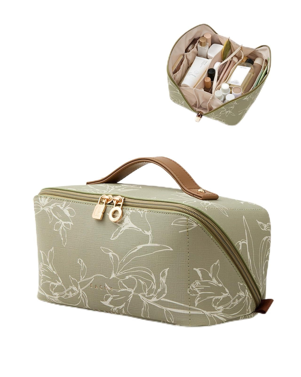 EACHY Travel Makeup Bag, Floral Cosmetic Bag for Women, Beige, Medium