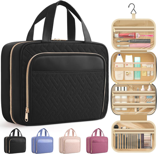 HOTOR Hanging Travel Toiletry Bag Women Men, Black, Medium