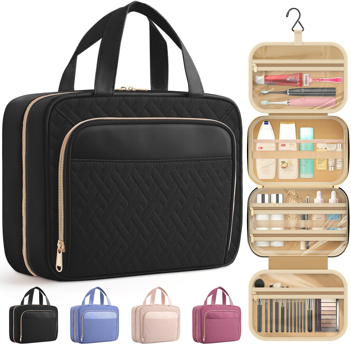 HOTOR Hanging Travel Toiletry Bag Women Men, Black, Medium