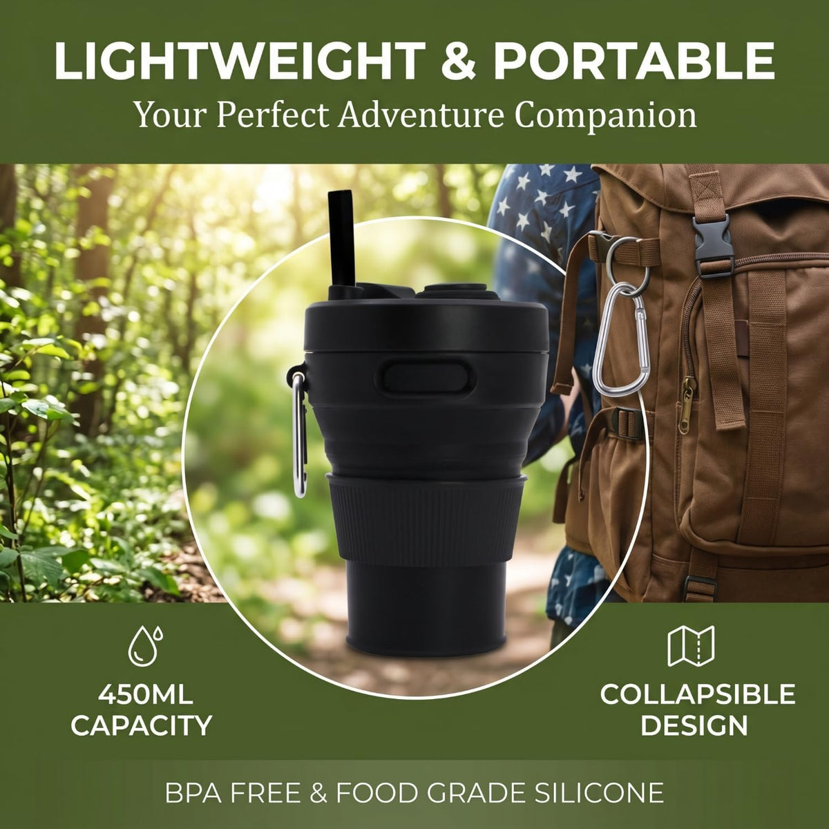 Silicone Coffee Mug Collapsible Cups for Camping Folding Travel with Straw Reusable Portable Drinking Cups Outdoor Hiking 450ml (Purple-450ml, 1)