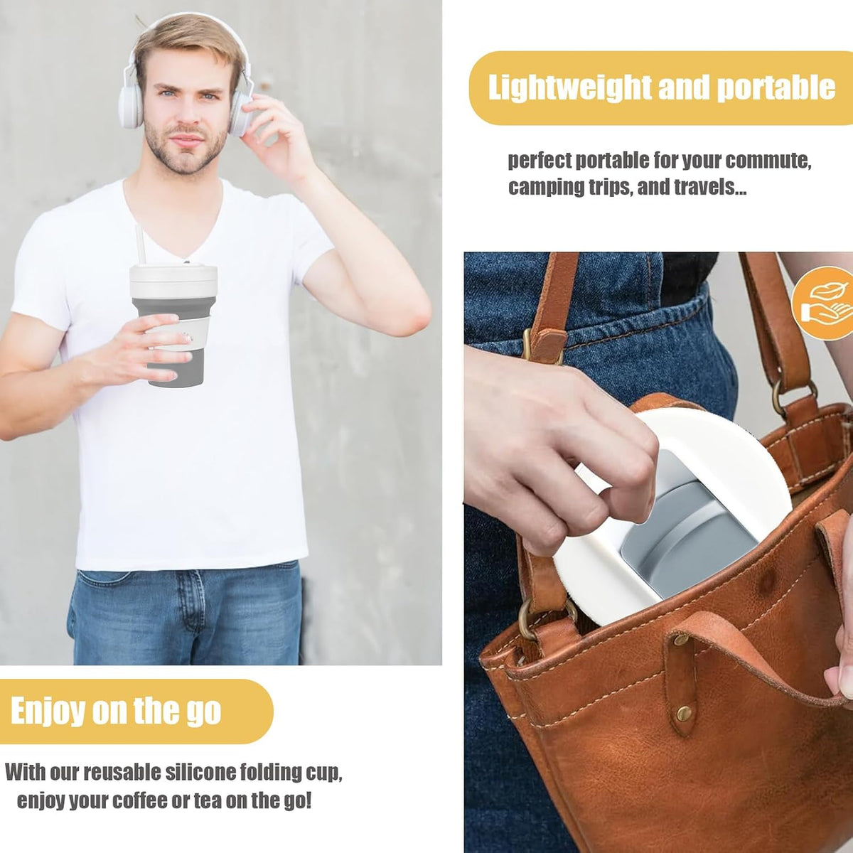 12 OZ Collapsible Travel Cup with Lid,Silicone Foldable Drinking Cup for Camping Hiking,Portable Silicone Water Bottle for Hot and Cold Beverages with Straw- Grey & White(Including Bag)