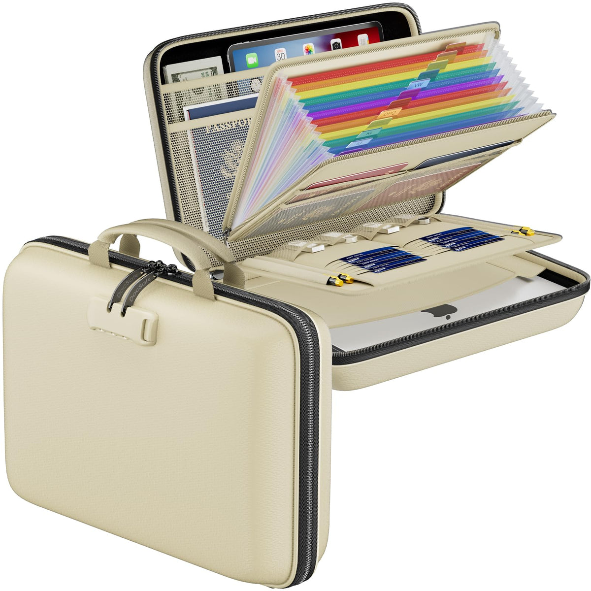 DocSafe Fireproof File Organizer with Lock, Hard-Shell Case Fireproof Document Box with 13 Pocket Accordion File Folder, Portable Home Office Travel Safe Storage for Important Documents Laptop Beige
