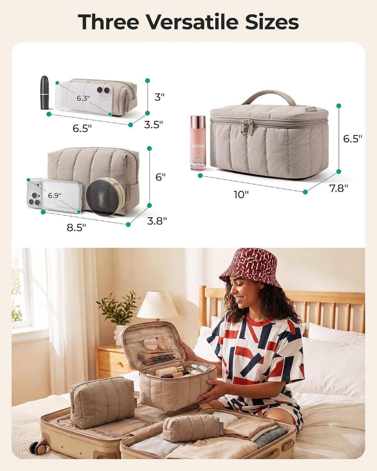 BAGSMART Travel Makeup Bag Set, 3 Pc Puffy Cosmetic Pouch, Camel