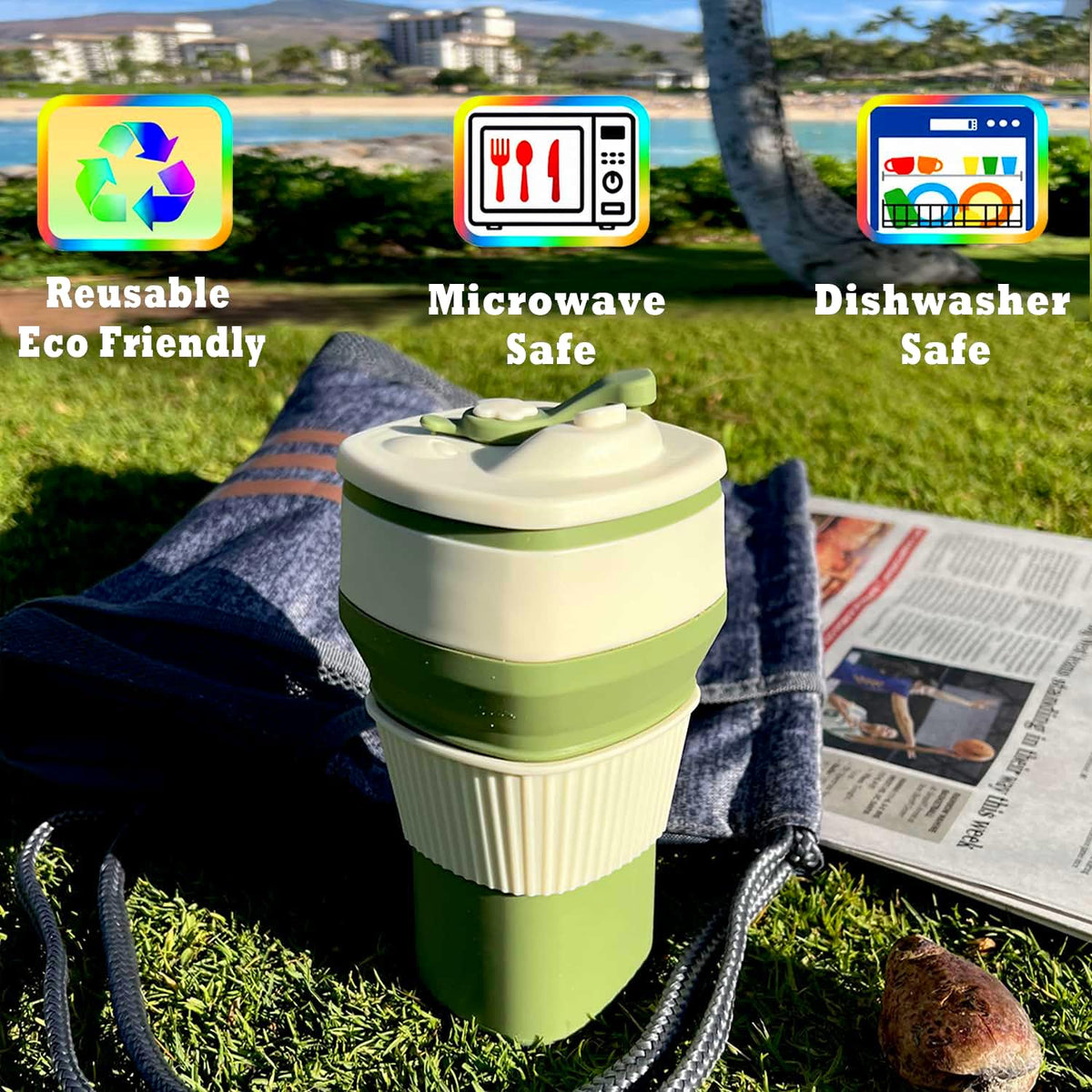 Collapsible Silicone Cup, Safe & Portable, for Hot & Cold Drinks, 18.6 oz (550 ml) - Travel, Camping, Office, and More – Sage Green