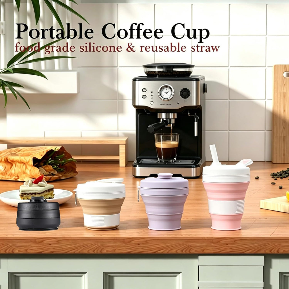 IYYI Collapsible Travel Cup, Silicone Coffee Cup with Lid, 20.3 oz Travel Coffee Mug with Straw, Folding Cup for Hiking Camping Office - Dishwasher Safe (Khaki)