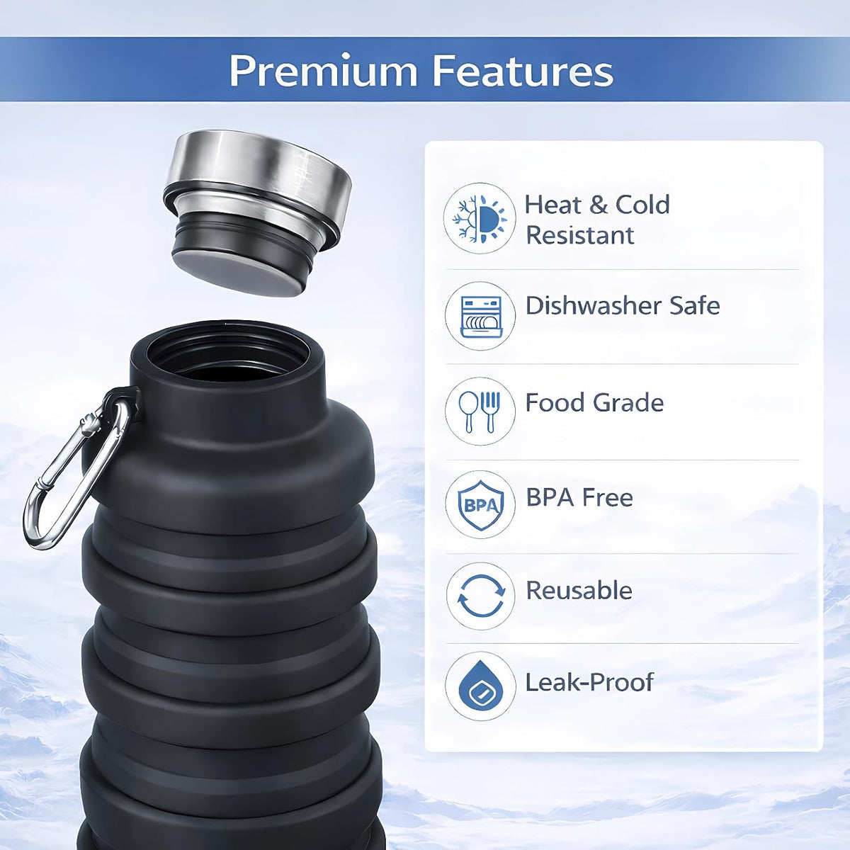 Collapsible Water Bottles,Silicone Water Bottle,16oz Capacity Portable Reusable,Leak-proof,with buckle,foldable storage,Lightweight Durable for Fitness,Cycling,Sports,Camping,Hiking (Black)