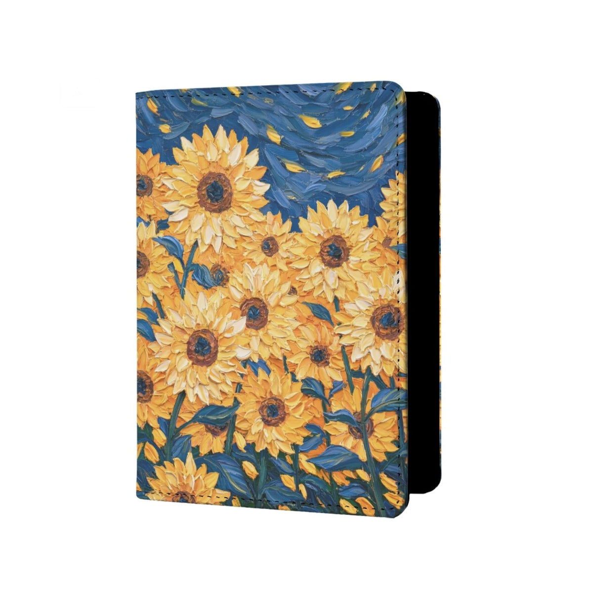 Oil Painting Floral Passport Holder for Travel Leather Womens Sunflower Passport Cover with Credit Card Slots Yellow Red Brown Onesize