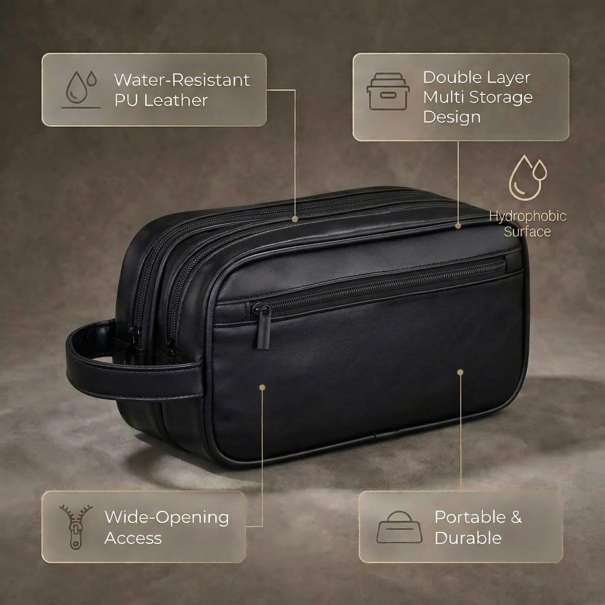 Men’s Toiletry Bag Travel Dopp Kit – double-deck Leather Water-Resistant Shaving Organizer Large Capacity, Double Compartments & Inner Pockets for Grooming, Bathroom & Gym Trip Toiletry Case(Black)