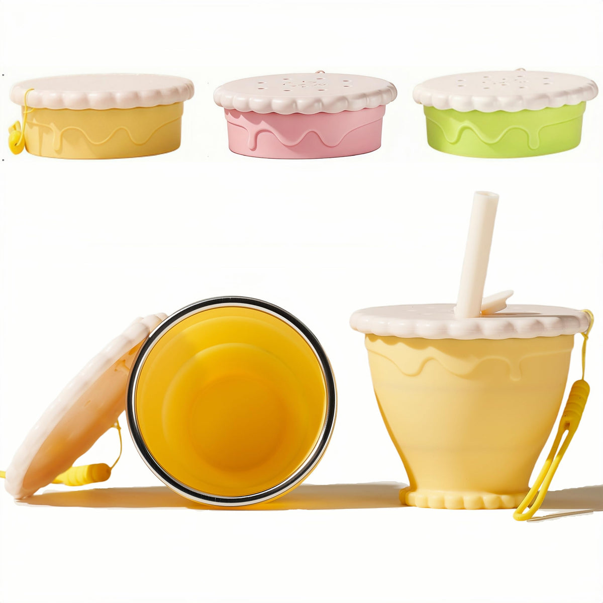 Silicone Collapsible Travel Cup with Straw (8.6oz/255ml) - Folding Camping Cup with Lids - Sakura Pink