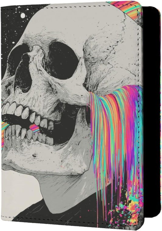 Mens Retro Skull Passport Holder for Travel Womens Skeleton Passport Cover Protector with Credit Card Slots Card Case Cover Black Orange Rainbow Onesize
