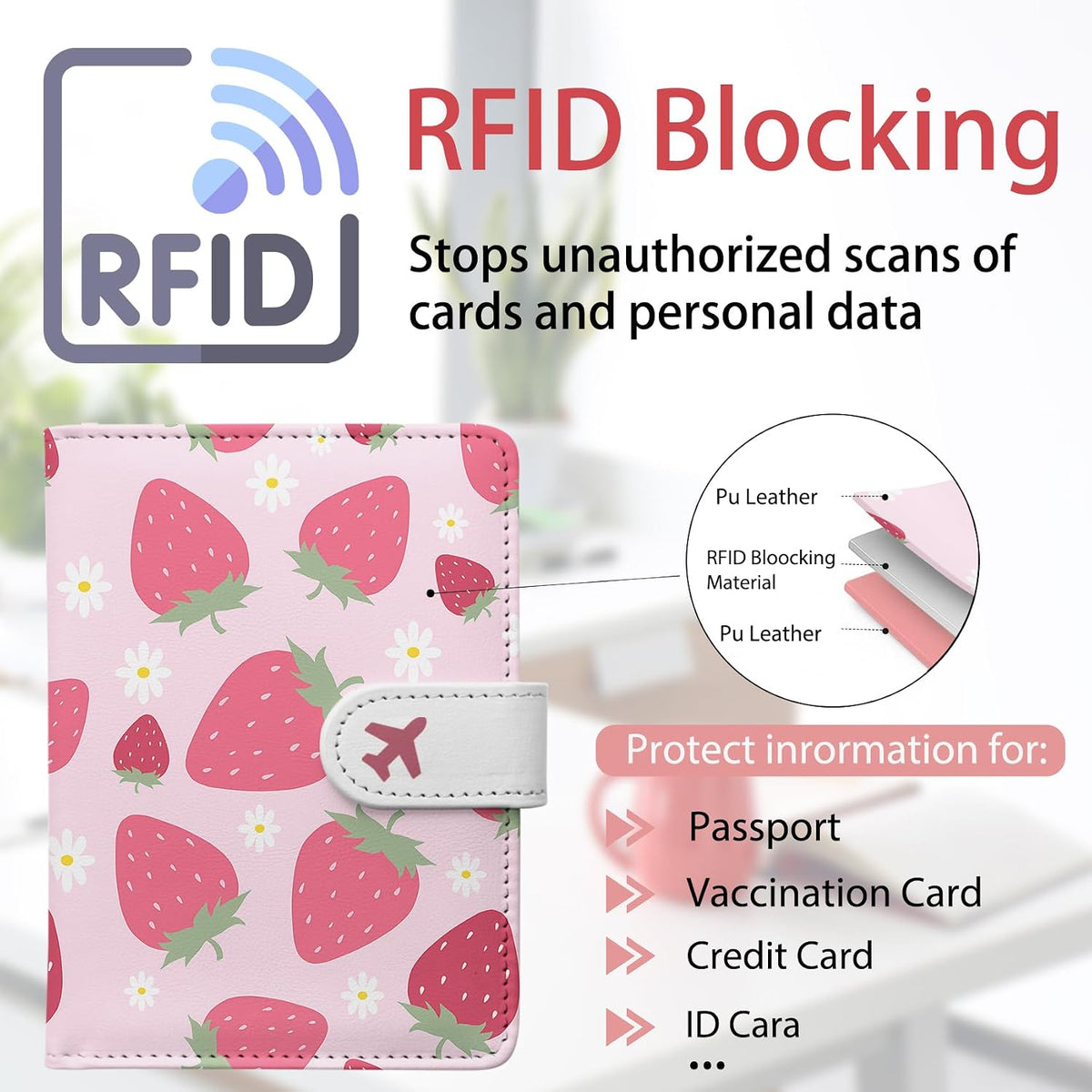 Passport Holder, Cute Travel Wallet Cover with RFID Blocking,Strawberry